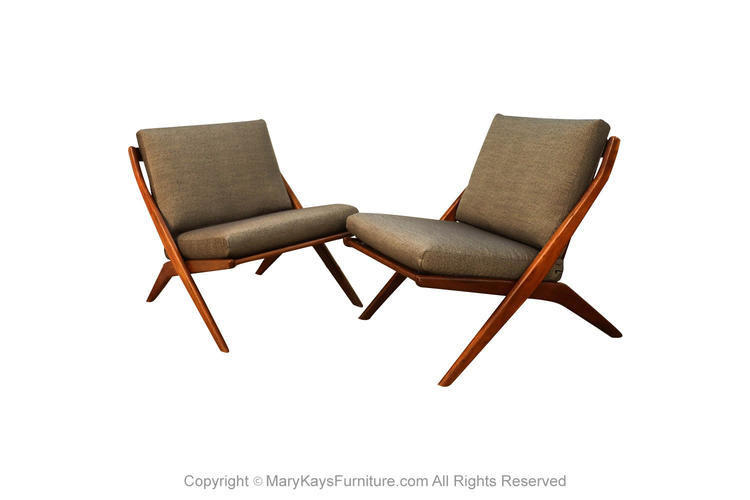Mid Century Modern Folke Ohlsson Dux Scissor Lounge Chairs Pair 
