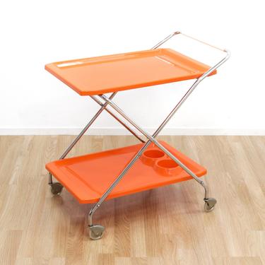 Mid Century Italian Folding Bar Cart in Orange and Chrome Space Age 