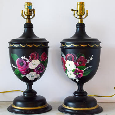 Pair of Black Tin Handpainted Floral Trophy Style Vintage Lamps marked &amp;quot;Guild Masters Made in Spain&amp;quot; 