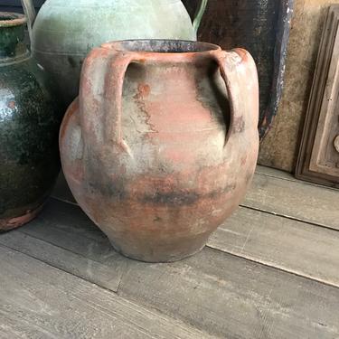 19th C Pottery Jug, Olive Jar, Redware Slip, Rustic Terra Cotta, Garden Vase, European Farmhouse, Farm Table, With Damages 