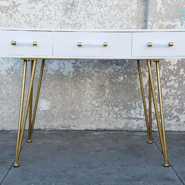Modern White Gold 3 Drawer Desk with Hairpin Legs