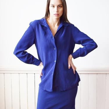 90s Blue Silk Set | Blouse and Skirt | S | Vintage 1990s Coordinate Set Silk Button Up Top and Mini Skirt 