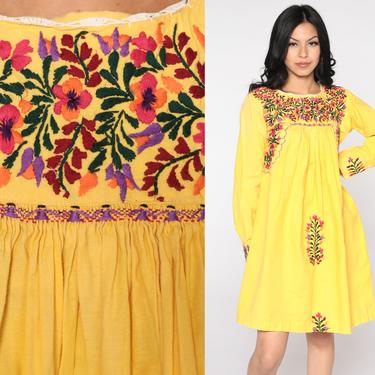 Mexican Oaxacan Dress Embroidered Hippie Boho Mini 70s Long Sleeve Tent Dress Yellow Bohemian 1970s Floral Cotton Tunic Small 