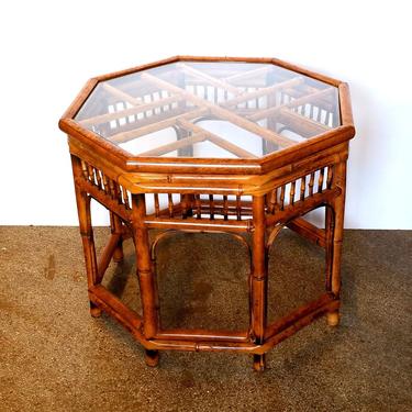 Pair 2 Burnt Bamboo Chippendale Octagonal End Table 