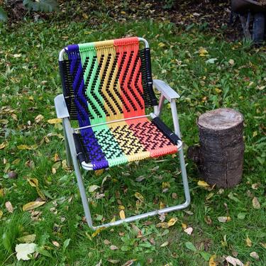 Macrame Lawn Chair in Bright Neon Color, forest fathers Unique Vintage Aluminum Folding Metal Woven Glamping Outdoor Furniture Concert Seat 