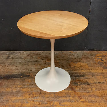 1960s Burke White Tulip Side Table with Birch Top in the style of Eero Saarinen for Knoll Assocaites Mid-Century Modern 