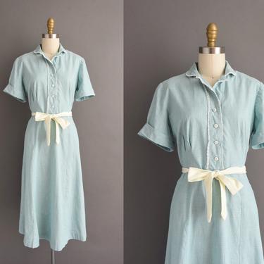 1950s vintage dress | Adorable Mint Blue Short Sleeve Cotton Summer Shirt Dress | Medium | 50s dress 