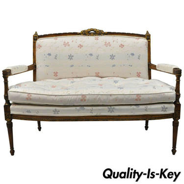 Gold French Louis XVI Directoire Style Settee Loveseat Carved Upholstered Sofa