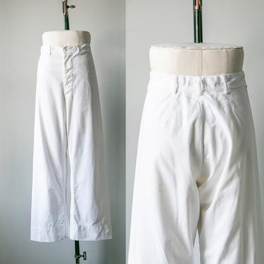 1950s Sailor Pants White Cotton High Waist Wide Leg Navy 