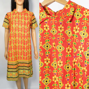 Vintage 60s Mod Bright Floral Print Dress Size S 