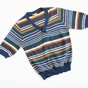 Vintage 70s Striped Knit Shirt M - 1970s Navy Blue Mustard Green V Neck Henley Shirt - 70s Clothing - Textured Short Sleeve T Shirt 