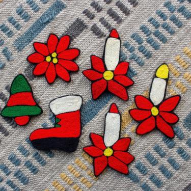 Vintage 1980s Folk Art Christmas Ornaments - Red &amp; White Yarn Poinsettia Ornaments Holiday Decoration Christmas Decor - Set/6 