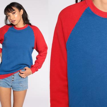 Raglan Sweatshirt Color Block Shirt Red Royal Blue Ringer Shirt Sports 80s Sweater Pullover Sweatshirt 1980s Vintage Small Medium 