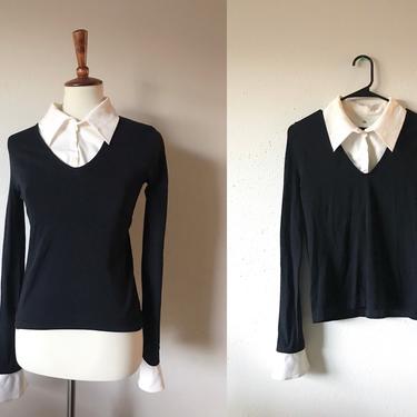 Vintage 90s detachable collar and sleeves black long sleeve blouse 