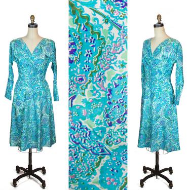1960s Dress ~ Silk Exotic Indian Print Blue Green Fitted Waist Long Sleeve Dress 