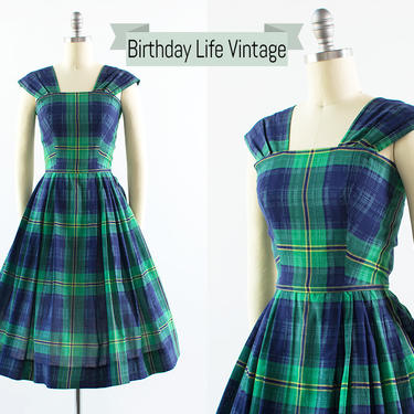 Vintage 1950s Dress | 50s PAT PREMO Plaid Cotton Sundress Blue Green Full Tartan Skirt Day Dress (small) 