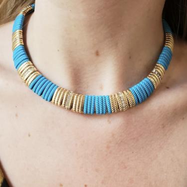Gold and Blue Collar Necklace With Clear Rhinestones