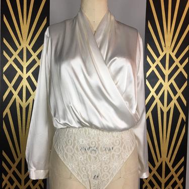 1980s bodysuit, ivory satin, draped, vintage blouse, wrap style, long sleeve, medium, marks and Spencer, 38 bust, minimalist 