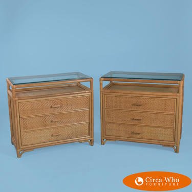 Pair of Rattan &#038; Cane Glass Top Chests