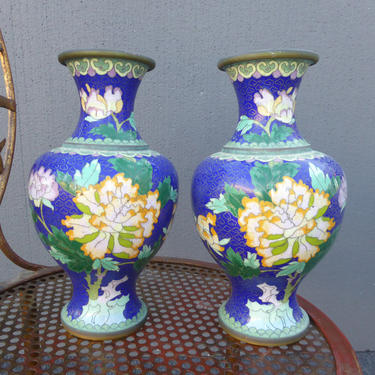 Pair Unique Antique/ Vintage Chinese Ornate Blue Floral Cloisonne Vases 10&amp;quot;H 