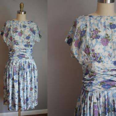 1950s Party Dress // Blue and Purple Floral Print // Small 