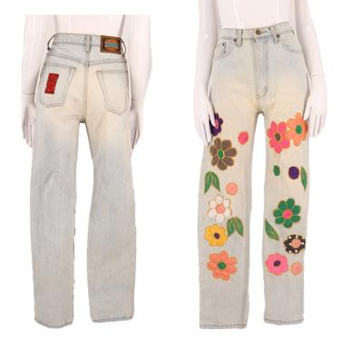 90s appliqué high waisted jeans 28 / vintage early 1990s light denim satin flower print denim pants DIANA 