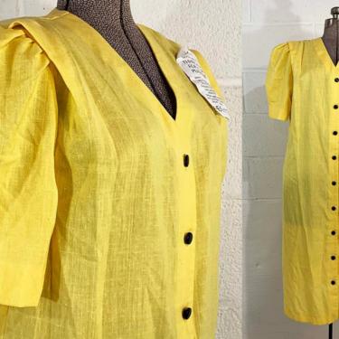 Vintage Yellow Dress Mod Sunshine Shift Sheath 1980s 80s Shirtdress Short Sleeves Sleeve Shirt Dress Damon II Union USA Deadstock XL Large 