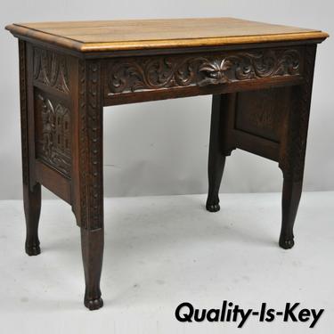 Black Forest Carved Oak Jacobean Small Writing Desk Table w/ Northwind Face