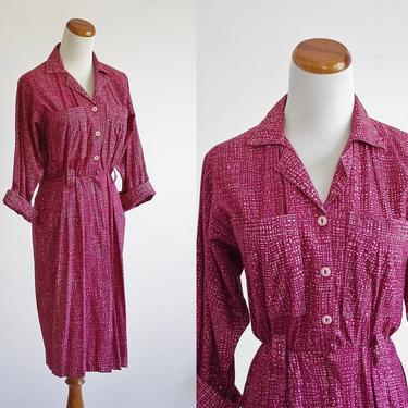 Vintage Shirtdress, Button Down Dress, Collared Dress, 80s Dress, Dress with Pockets, Digital Print Dress, Pink Collared Dress,Small Medium 