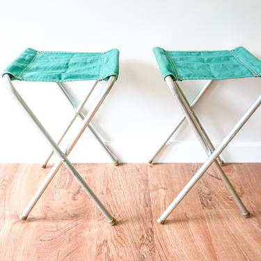 Set of 2 Green Vintage Metal and Canvas Folding Camping Stools (Sold as a Set) 