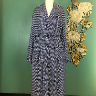 1940s house coat, vintage robe, blue and white, polka dot robe, rayon, 40s loungewear, x large, film noir style, unisex, sleepwear, 40 42 