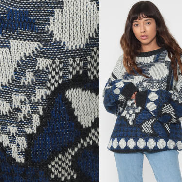80s Geometric Sweater Grey Blue Print Knit Jumper 90s Statement Sweater Vintage Pullover Retro Wool Acrylic Crewneck Extra Large xl l 