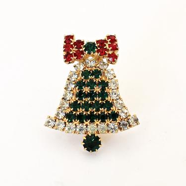 60's rhinestone gold plated metal Xmas bling bell brooch, sparkly tine set colored crystals Christmas holiday pin 