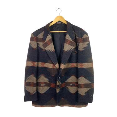 Vintage Men's Silverado Southwestern Navy and Brown Wool Blanket Coat Blazer Jacket 