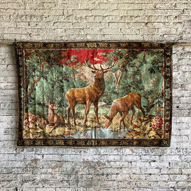 Vintage Deer and Buck Drinking Tapestry Lodge Rug 46x69 