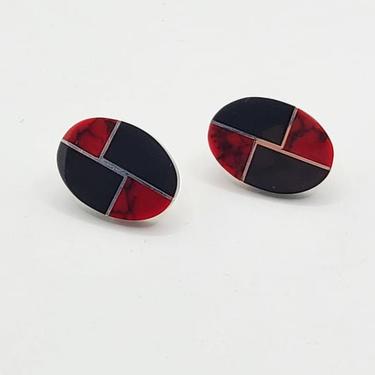 Multi-Stone Red and Black Inlay Sterling Silver Southwestern Earrings 