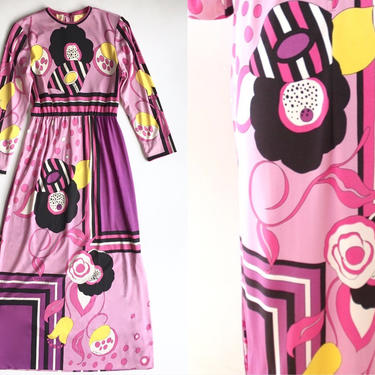1960s 1970s Paganne Pink Abstract Print Maxi Dress 