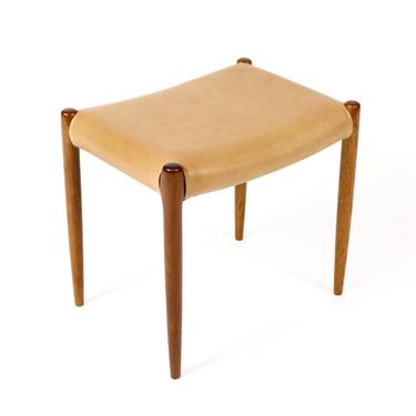 Danish Modern / Mid Century Teak Ottoman / Foot stool — J.L. Moller Model #80a — Tan Leather 