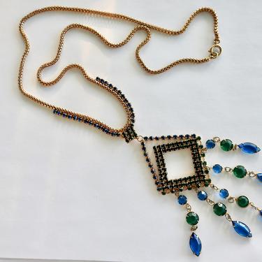 Mod Blue and Green Crystal and Rhinestone Necklace 
