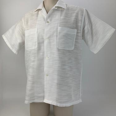 1950's Cotton Mesh Shirt -  PURITAN Label - Summer Weight Fabric - White Sheer Mesh - Loop Collar - Men's Size Large 