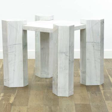 Modernist White Marble Column End Table 
