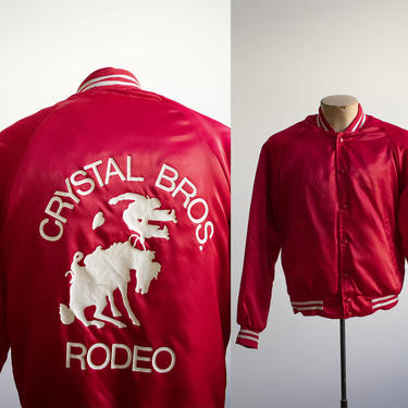 Vintage 1970s Red Satin Jacket / Vintage Raglan Jacket /Vintage Rodeo Jacket / Crystal Bros Rodeo Jacket Small / Quilted Jacket S / Rodeo 