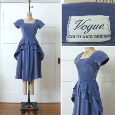 rare vintage Vogue Couturier 1940s dress • light blue velveteen peplum full skirted dress • 1947 pattern 