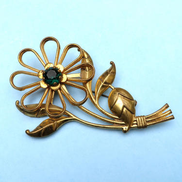 Vintage 1940's Large Gold Metal Flower Brooch Pin with Green Lucite Rhinestone WW2  Era Jewelry 40's Jewelry 