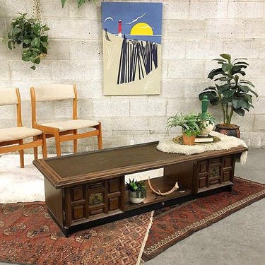 LOCAL PICKUP ONLY Vintage Coffee Table Retro 1970s Dark Brown Wood Grain Long Rectangular Living Room Table with Attached Light and Storage 