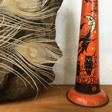 Vintage 14.5&quot; T. Cohn Halloween Horn, Tin Litho Noisemaker Horn, Halloween Party, Owl Witch And Bats, Does Not Blow 
