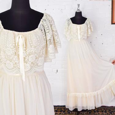 1970s Creme Lace Maxi Dress | 70s Beige Bohemian Maxi Dress | BoHo Maxi Dress | Hippie Dress | Wedding Dress | Medium 