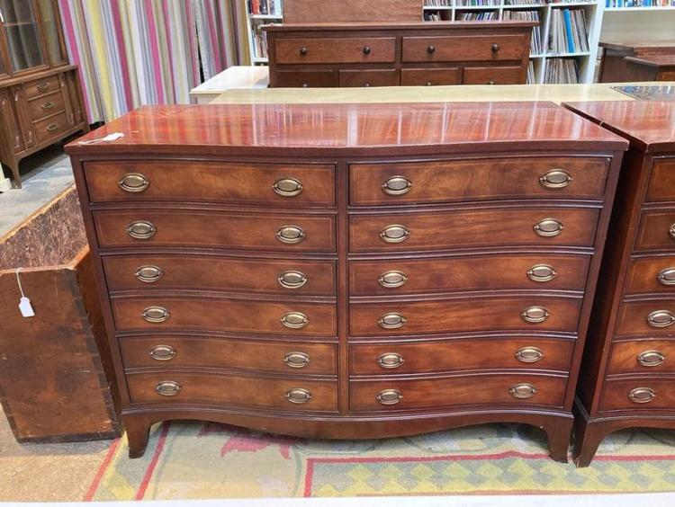 Two Hepplewhite style mahogany double dressers. Top drawers feature red velvet! 46” x 19.5” x 34”