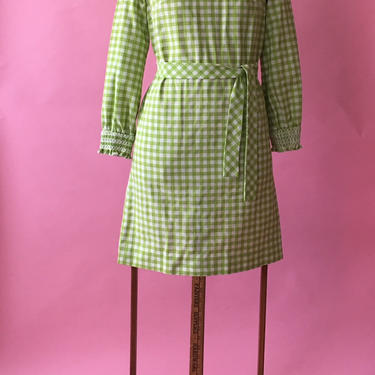Vintage Dress, 1960s Dress, Gingham Print Dress, Green and White Dress, Size Small Dress 