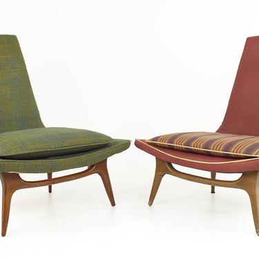 Karpen of California Mid Century High Back Walnut Slipper Lounge Chairs - A Pair - mcm 